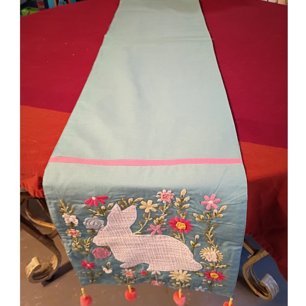 Easter Table Runner Teal Blue Embroidered Bunny Floral Pom Pom 13x72 Spring Home